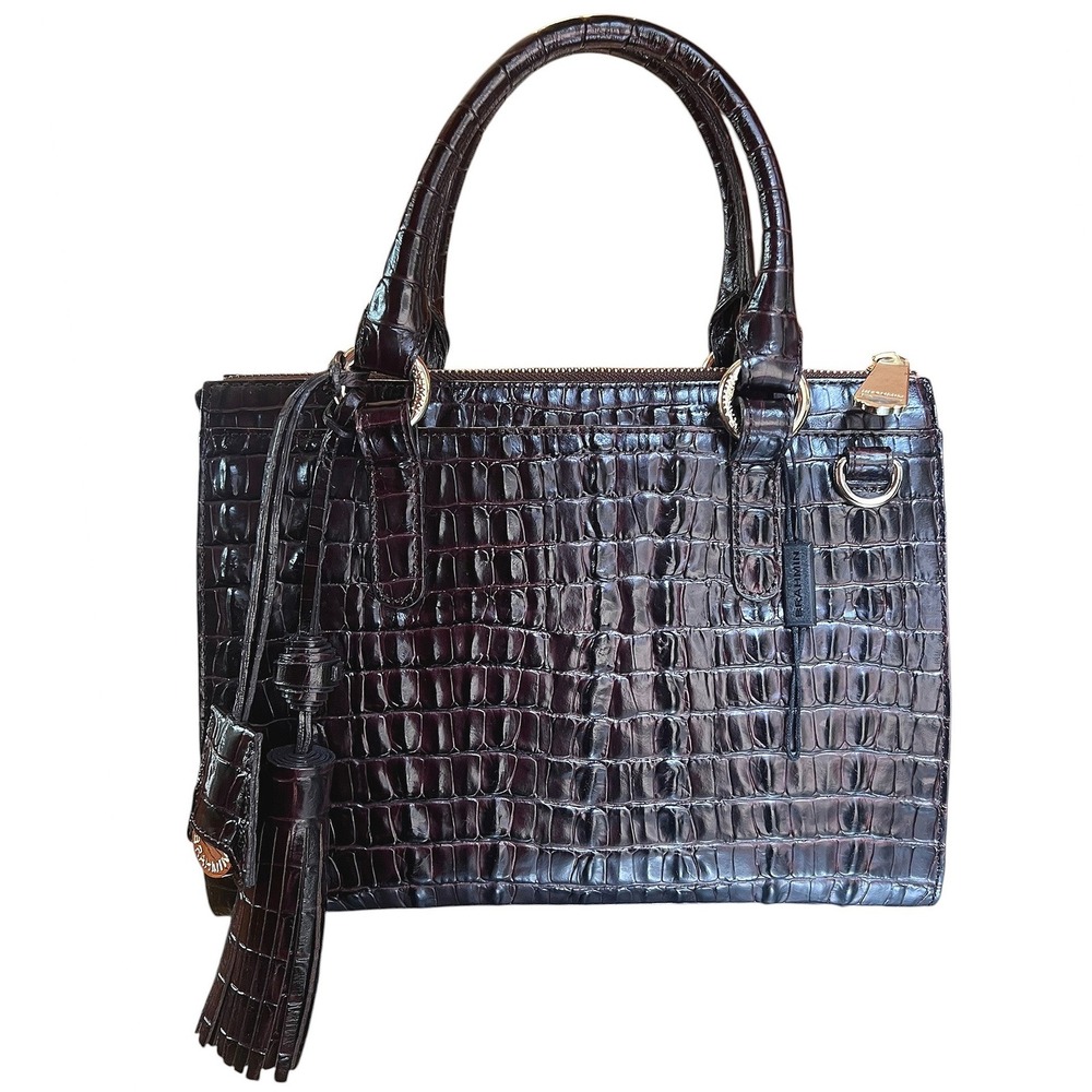 Brahmin Melbourne Satchel Dark Cherry Croc Embossed Leather Bag Gold Hardware